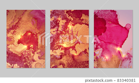 Set of marble patterns. Fuchsia, pink and gold geode textures with glitter 83340381