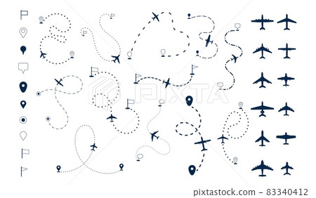 Aircraft routes. Aviation dotted journey, plane flight lines. Airplane silhouettes, line paths and destination points. Flying ways recent vector set Aircraft routes. Aviation dotted journey, plane flight lines. Airplane silhouettes, line paths and destination points. Flying ways recent vector set 83340412