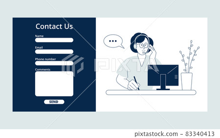 Contact us form. Customer service page, online support and find solutions. Helpdesk, call center operator in headphone on laptop, recent vector banner 83340413
