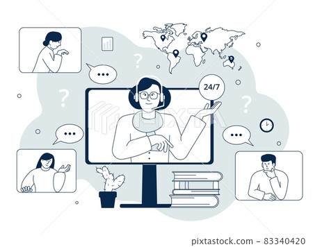 Customer support concept. Client call phone, operator in headphone. Global helping service, online assistance. Virtual supportive assist recent vector scene 83340420