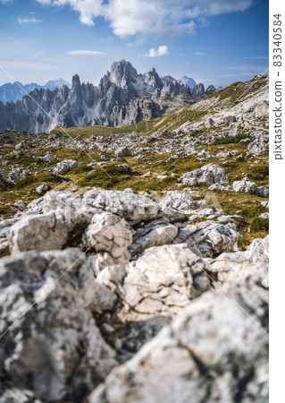 Rifugio Lavaredo with Cadini di Misurina mountain group in background. Dolomites at the Cime di Lavaredo, Italy Rifugio Lavaredo with Cadini di Misurina mountain group in background. Dolomites at the Cime di Lavaredo, Italy 83340584