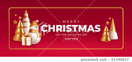 Merry Christmas Handmade holiday background. White gold Christmas ornaments on a red background. Realistic 3d Christmas background. Vector illustration 83340637