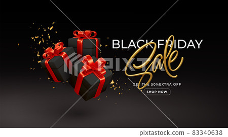 Black Friday sale background with realistic 3d black gift boxes with red bows. Gold lettering sale. Vector illustration 83340638