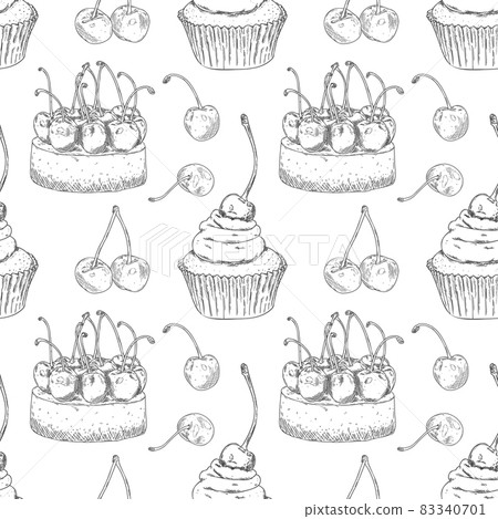Vector seamless pattern with hand drawn cheesecake and cupcake with cherries. Can be used for printing, textiles, coloring, packaging paper and sweet bakery menu. 83340701