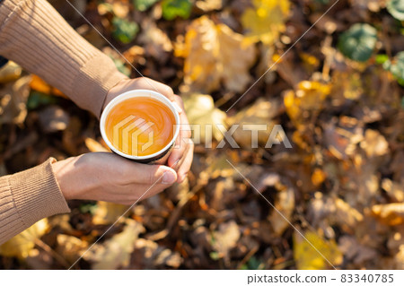 A man holds a disposable paper cup with a drink in the park in the fall. The concept of drinks, tea, coffee, autumn, warm up, rest. A man holds a disposable paper cup with a drink in the park in the fall. The concept of drinks, tea, coffee, autumn, warm up, rest. 83340785