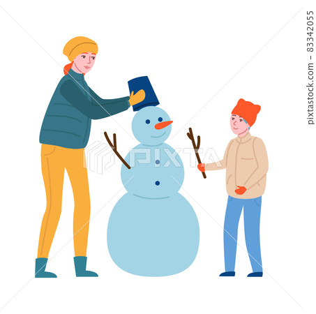 Winter outdoor games. Happy mother and son build snowman. People cold season activities, parent with child together, family vacation leisure time. Vector cartoon flat isolated set 83342055