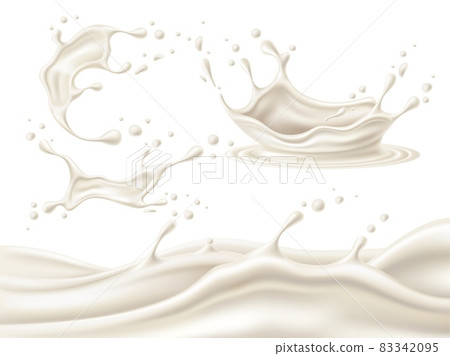 3D milk splashes. Realistic white creamy liquid flow and crowns with different shapes drops. Healthy natural drinks splatter or border. Yoghurt wave. Vector dairy product elements set 83342095