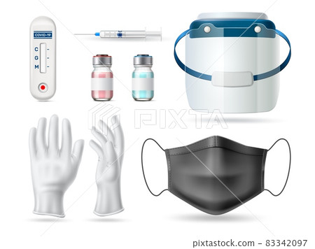 Medical protective elements. Realistic virus protection. Surgical masks and shield. Vials vaccine. Healthcare tools. Disease prevention. Covid-19 test. Vector disposable equipment set 83342097