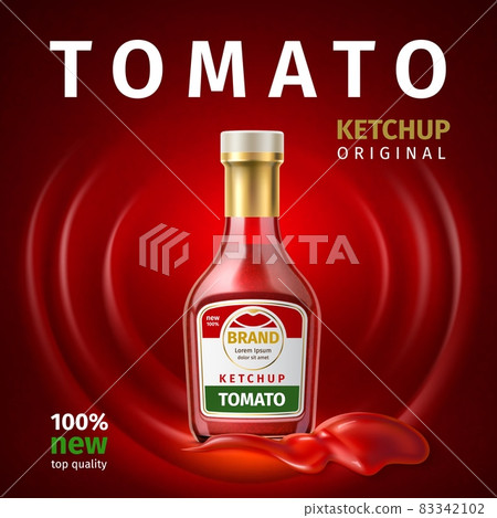 Realistic tomato sauce packing poster. 3D bottle with ketchup. Advertisement banner design. Liquid vegetable dressing. Blank closed container. Food package for branding. Vector concept Realistic tomato sauce packing poster. 3D bottle with ketchup. Advertisement banner design. Liquid vegetable dressing. Blank closed container. Food package for branding. Vector concept 83342102