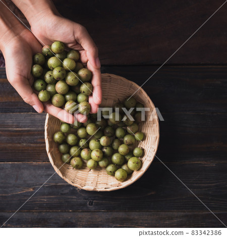 Wild Indian gooseberry or amla in a bamboo basket holding by hand Wild Indian gooseberry or amla in a bamboo basket holding by hand 83342386
