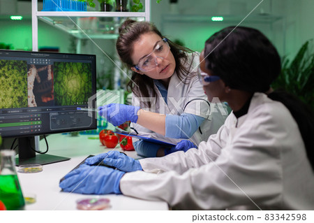 Multi-ethnic team of biologists researcher monitoring plants modified genetically Multi-ethnic team of biologists researcher monitoring plants modified genetically 83342598