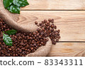 Coffee Beans In The Jute On Wood 83343311