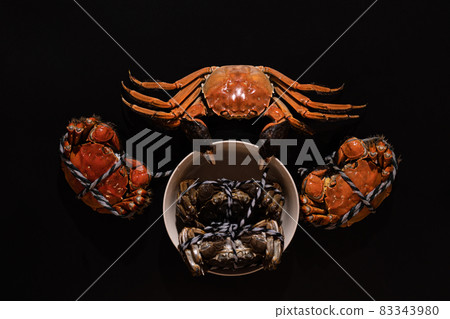 boiled Shanghai hairy crab or Chinese mitten crab (Eriocheir sinensis) with Chili and herb on black background boiled Shanghai hairy crab or Chinese mitten crab (Eriocheir sinensis) with Chili and herb on black background 83343980