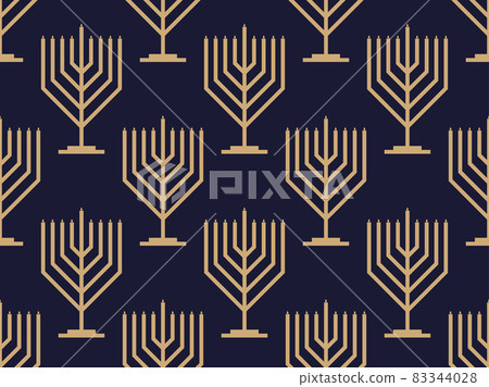 Hanukkah seamless pattern with menorah with nine candle. Jewish festival background for invitation flyers, brochures and promotional items. Golden menorah on black background. Vector illustration 83344028
