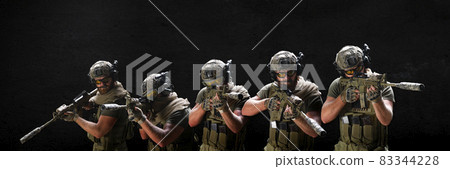Group of soldiers during a special operation over dark concrete wall. Format photo 3x1. Group of soldiers during a special operation over dark concrete wall. Format photo 3x1. 83344228