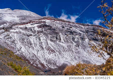 (靜岡縣)富士山、寶榮火山口、落葉松紅葉、白雪皚皚的山峰 (靜岡縣)富士山、寶榮火山口、落葉松紅葉、白雪皚皚的山峰 83345225