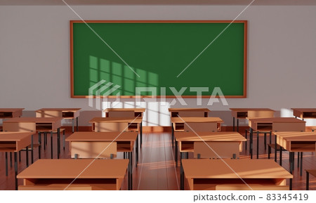 table and chairs with green board on the white wall in the classroom.3d rendering. 83345419