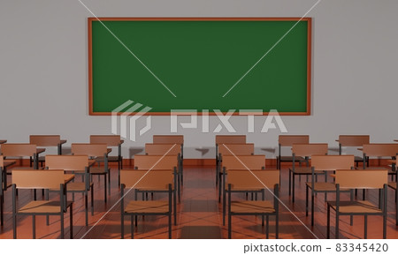 lecture chairs and green board on the white wall in the classroom.3d rendering. 83345420