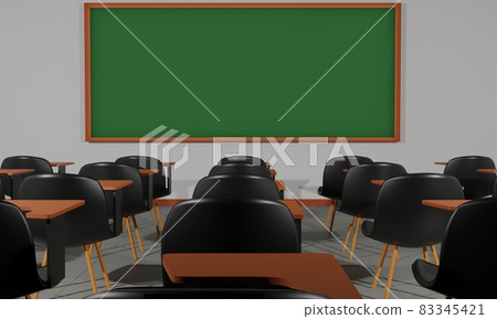 lecture chairs and green board on the white wall in the classroom.3d rendering. 83345421