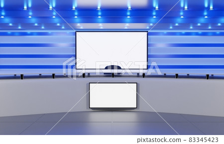 white table and lcd background in a news studio room.3d rendering. 83345423