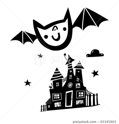 Black doodle Halloween vector design with a cute bat and house. Illustration for kids, celebration, web, print, etc.  83345803