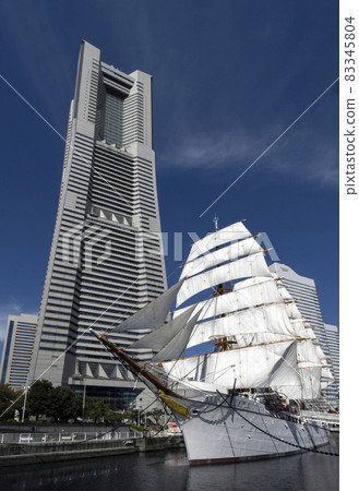 Full-sail exhibition sail of the sailing ship Nippon Maru, which is moored and exhibited in Minato Mirai, Yokohama 83345804