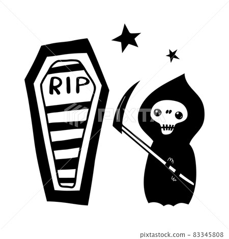 Black doodle Halloween vector design with a cute grim ripper. Illustration for kids, celebration, web, print, etc.  83345808