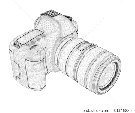 Digital camera wireframe with black lines lens isolated on white background. Isometric view. 3D. Vector illustration Digital camera wireframe with black lines lens isolated on white background. Isometric view. 3D. Vector illustration 83346886
