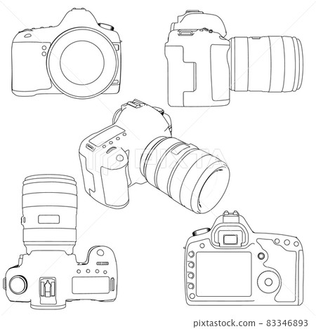 Set with contours of a digital camera with a lens from black lines isolated on a white background. Side view, isometric, front, top, back. Vector illustration Set with contours of a digital camera with a lens from black lines isolated on a white background. Side view, isometric, front, top, back. Vector illustration 83346893