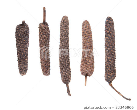 Long pepper isolated on white background. Heap of pippali or piper longum. Top view. Long pepper isolated on white background. Heap of pippali or piper longum. Top view. 83346906