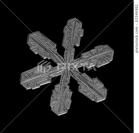 White snowflake isolated on black background. Illustration based on macro photo of real snow crystal: elegant star plate with short, broad arms, glossy relief surface and complex inner details. 83346981