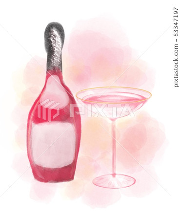 Watercolor illustration of a Bottle of pink Champagne and a wineglass. 83347197