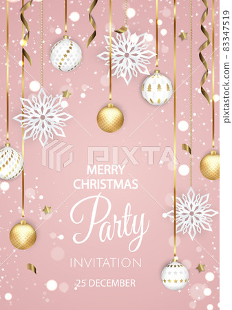 Merry Christmas Party invitation. Happy New Year card Decoration. Winter background. Seasonal holidays. 83347519