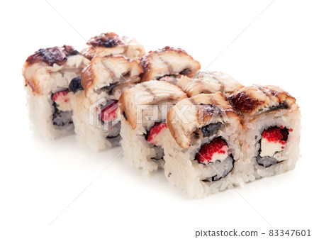 Philadelphia roll sushi with salmon, prawn, avocado, cream cheese. Sushi menu. Japanese food. 83347601