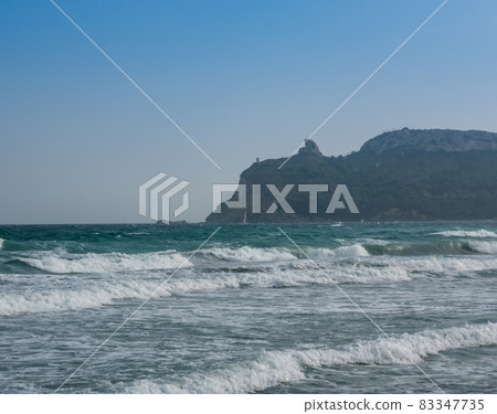 view from the rough mediterranean sea with waves with cloudless sky view from the rough mediterranean sea with waves with cloudless sky 83347735