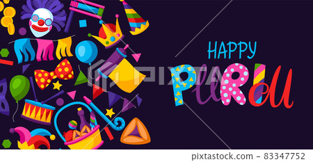 Happy Purim Jewish holiday greeting card. Background with traditional symbols. 83347752