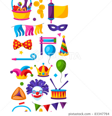 Happy Purim Jewish holiday seamless pattern. Background with traditional symbols. Happy Purim Jewish holiday seamless pattern. Background with traditional symbols. 83347764