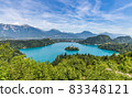 Beautiful landscape of Lake Bled the church island from Ojstrica viewpoint in Bled, Slovenia 83348121