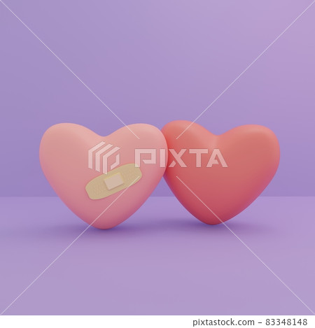3D rendering / 3D illustration) Miniature-style injured heart with adhesive plaster, square banner, broken heart, broken heart 3D rendering / 3D illustration) Miniature-style injured heart with adhesive plaster, square banner, broken heart, broken heart 83348148