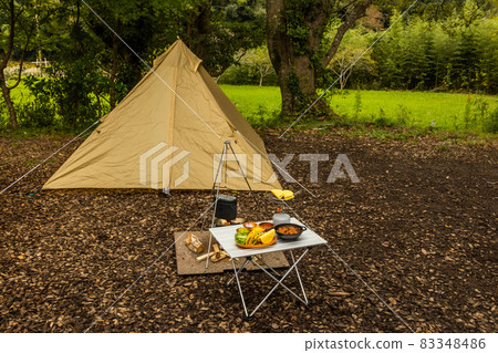 Camping with an open tent in a forest 83348486