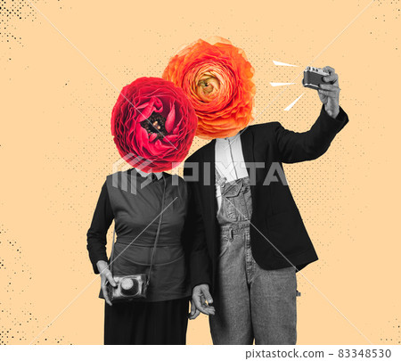 Contemporary art collage, modern design. Retro style. Married couple, old man and woman headed with flowers isolated on light background. Contemporary art collage, modern design. Retro style. Married couple, old man and woman headed with flowers isolated on light background. 83348530