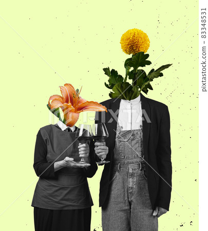 Contemporary art collage, modern design. Retro style. Married couple, old man and woman headed with flowers isolated on light background. Contemporary art collage, modern design. Retro style. Married couple, old man and woman headed with flowers isolated on light background. 83348531