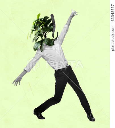Contemporary art collage, modern design. Retro style. Young man, dancer headed with flowers and plants on light background. 83348537
