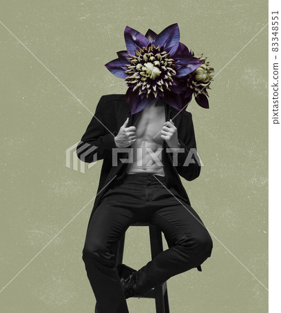 Contemporary art collage, modern design. Retro style. Young man headed with flowers and plants on light background. 83348551