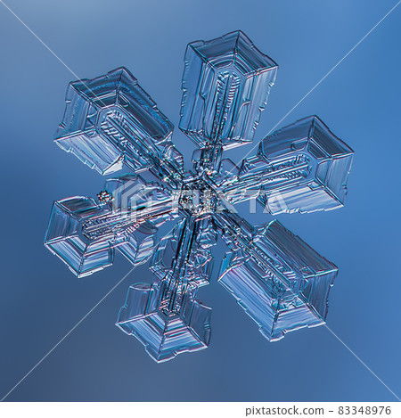 Snowflake on smooth gradient background. Macro photo of real snow crystal on glass surface. This is small snowflake with unusual pattern. Snowflake on smooth gradient background. Macro photo of real snow crystal on glass surface. This is small snowflake with unusual pattern. 83348976