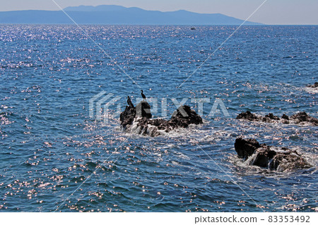 View from Icici's seaside promenade, the beach, Adriatic coast, Kvarner bay, city details, Croatia 83353492