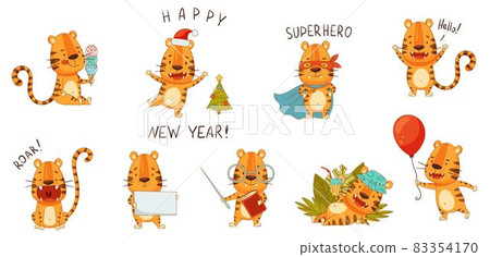 Cute Striped Tiger Character Roaring and Eating Ice Cream Vector Set Cute Striped Tiger Character Roaring and Eating Ice Cream Vector Set 83354170