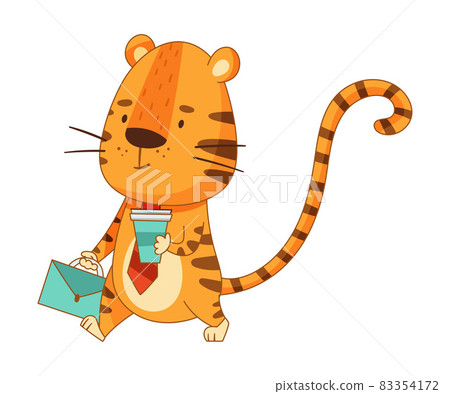 Cute little tiger walking with suitcase and coffee cup. Adorable animal businessman character cartoon vector illustration Cute little tiger walking with suitcase and coffee cup. Adorable animal businessman character cartoon vector illustration 83354172