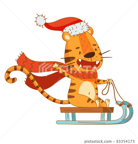 Cute little tiger in Santa Claus hat riding sledge. Adorable baby animal character cartoon vector illustration Cute little tiger in Santa Claus hat riding sledge. Adorable baby animal character cartoon vector illustration 83354173
