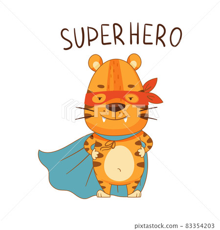 Cute little tiger superhero in blue cape and mask. Adorable baby animal character cartoon vector illustration 83354203